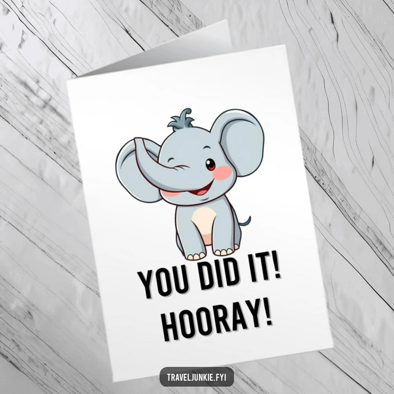 Funny Free Printable Congratulations Card showcasing a cheerful elephant with its trunk raised, conveying enthusiastic well wishes.