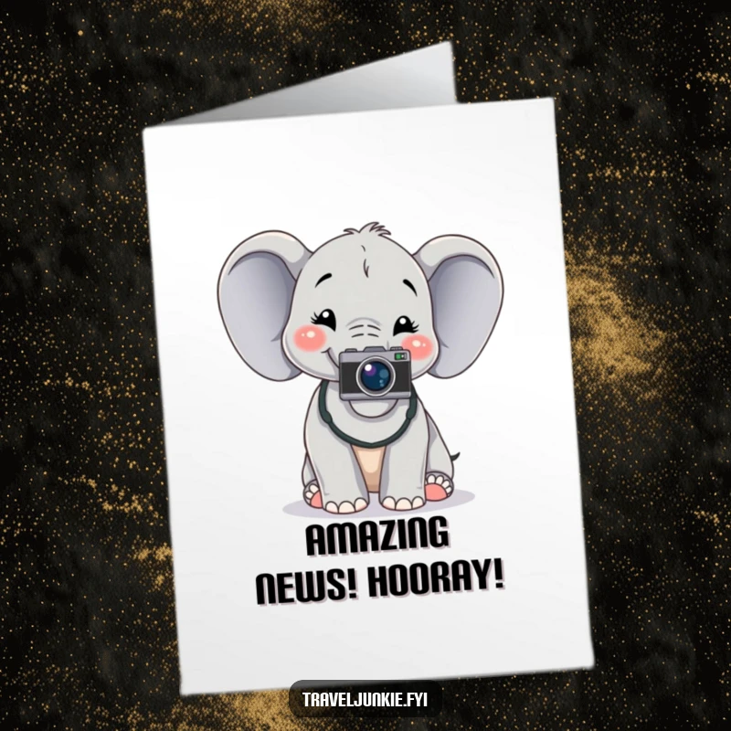Funny Free Printable congratulations card of a cheerful elephant with a camera around its neck posing for a photo, celebrating success.