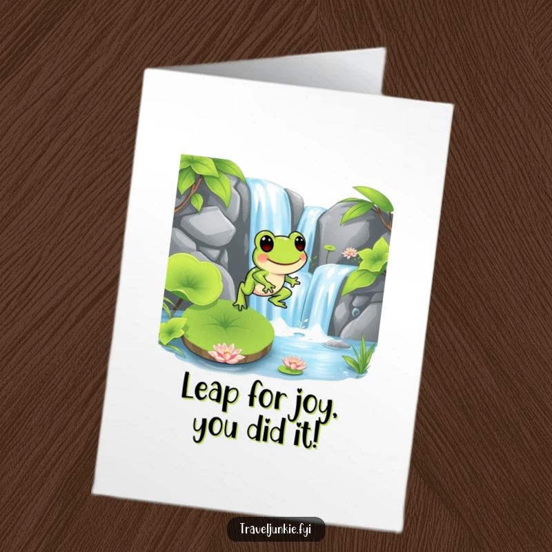 Funny Free Printable Frog Congratulations Card: Lively frog hops onto a lily pad near a waterfall, celebrating success.
