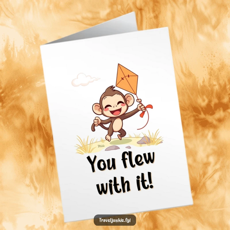 Funny Free Printable Congratulations Card: Giggling monkey comically attempting to fly a kite on a windy day, celebrating a wild success.