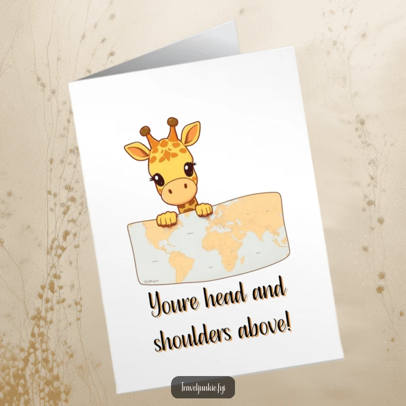 Funny Free Printable Giraffe Congratulations Card, a happy giraffe peeks over a map, celebrating big achievements, perfect for downloadable greetings.
