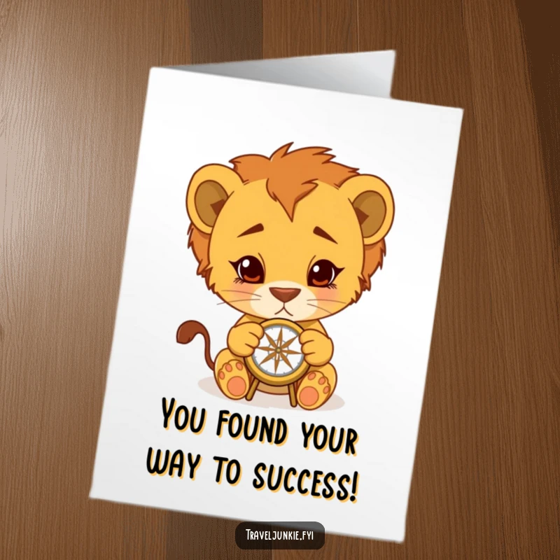 Funny Free Printable Congratulations Card: Lion cub studies a compass, symbolizing a journey to success. A triumphant moment captured.