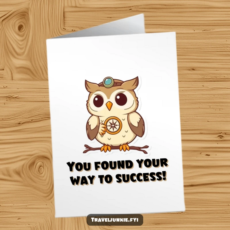 Funny Free Printable Congratulations Card, a determined owl navigates with a compass, symbolizing direction and success for a downloadable greeting.