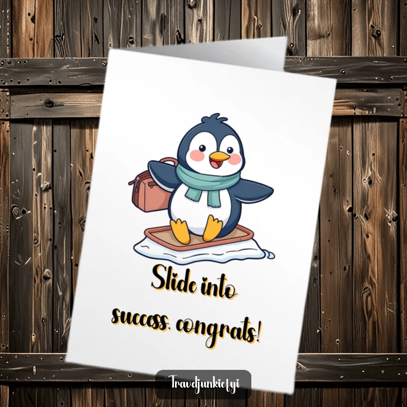 Funny Free Printable Penguin Congratulations Card: Penguin with travel bag slides on ice, celebrating a big achievement.