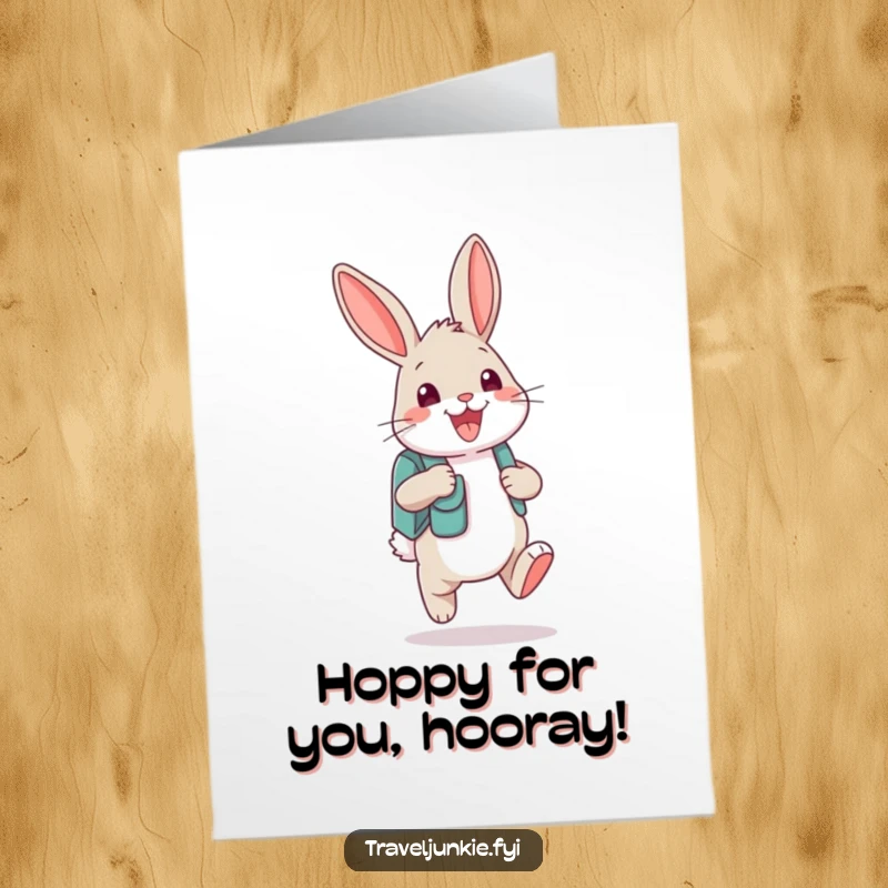Funny Free Printable Congratulations Card: Excited bunny with a backpack and grin, bouncing along to celebrate achievements.