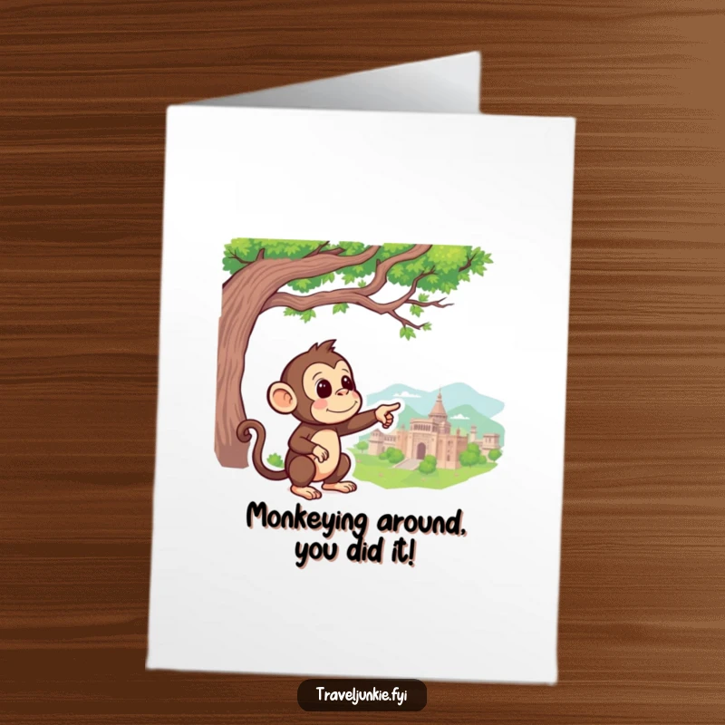 Funny Free Printable Congrats Card: Curious monkey pointing towards a significant, faraway landmark.