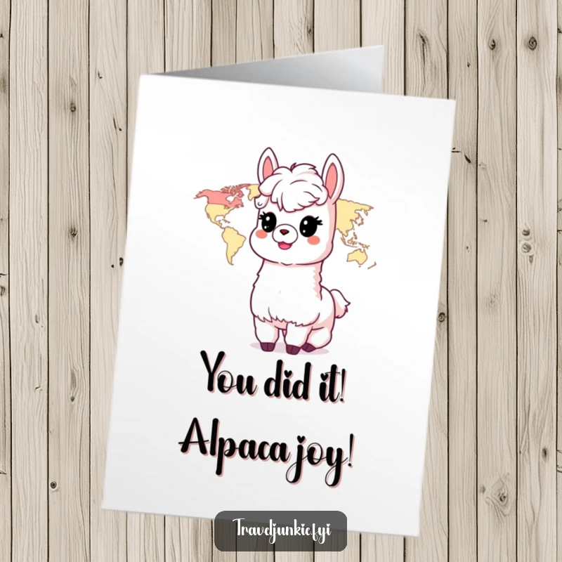 Funny free printable congratulations card showing an excited alpaca looking at a world map, ready for new journeys.
