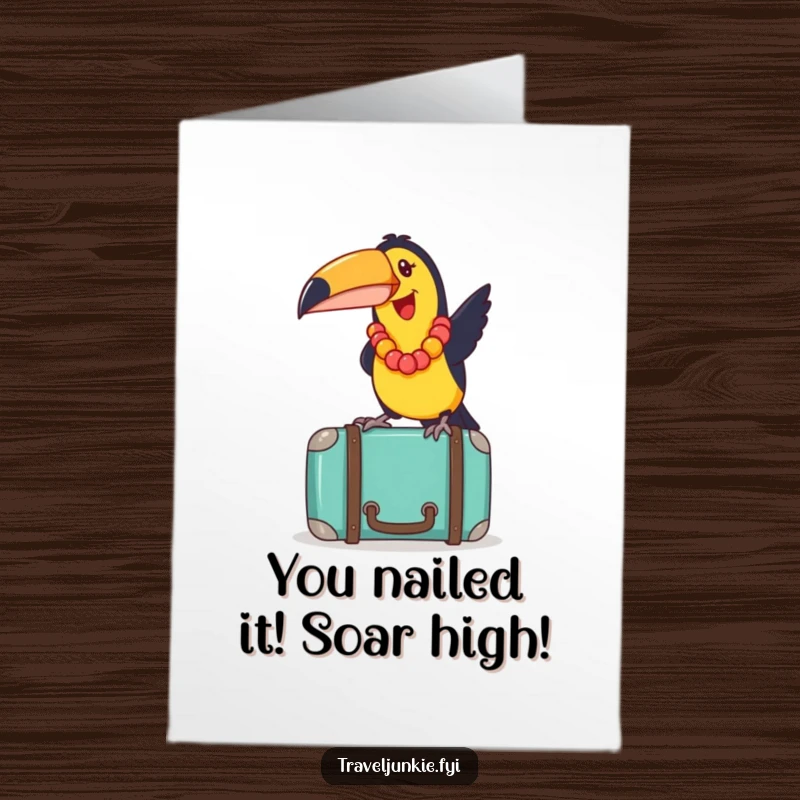 Funny Free Printable Congratulations Card: Joyful toucan with lei on suitcase, perfect for celebrating achievements, print at home.