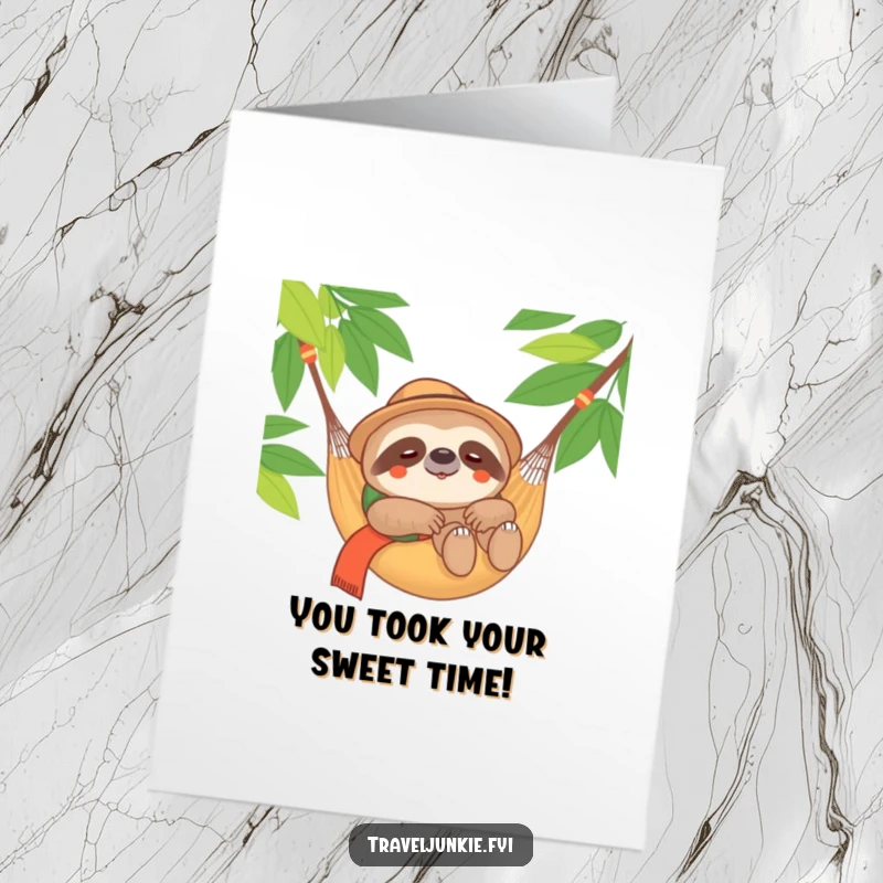 Funny Free Printable Congratulations Card: Content sloth traveler relaxing in a hammock. A calm and successful downloadable greeting.