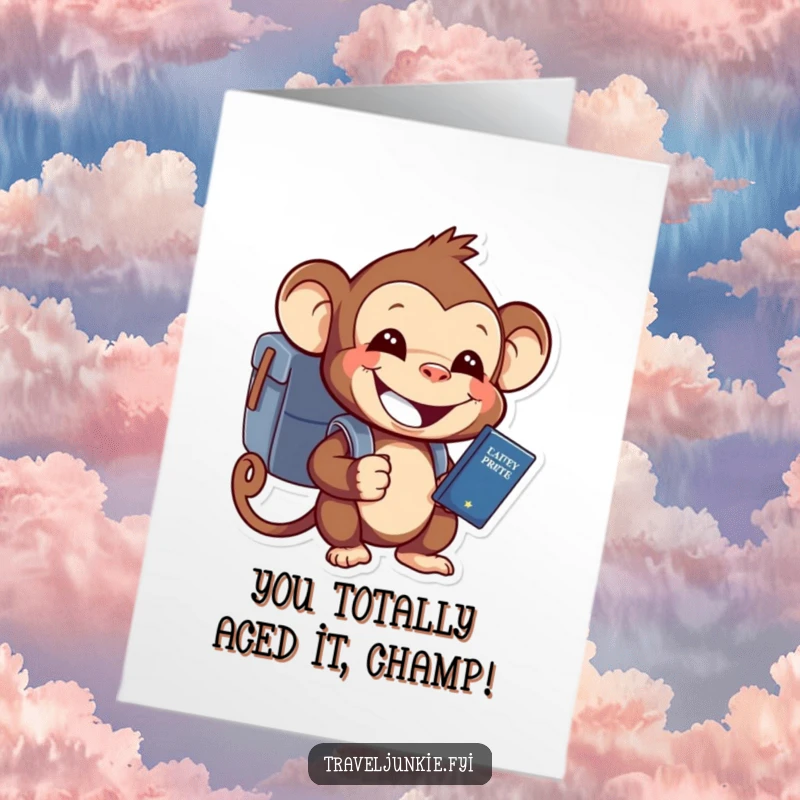 Funny Free Printable Monkey Congratulations Card: Excited monkey holding passport, perfect for celebrating new journeys and achievements.