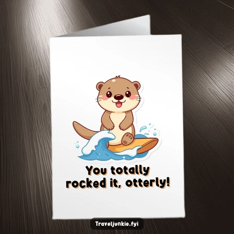 Funny free printable congratulations card showing a smiling otter expertly riding a small wave, celebrating victory.