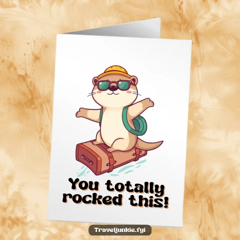 Funny Free Printable Congratulations Card: Playful otter adventurer surfing on a suitcase. A dynamic and downloadable greeting.