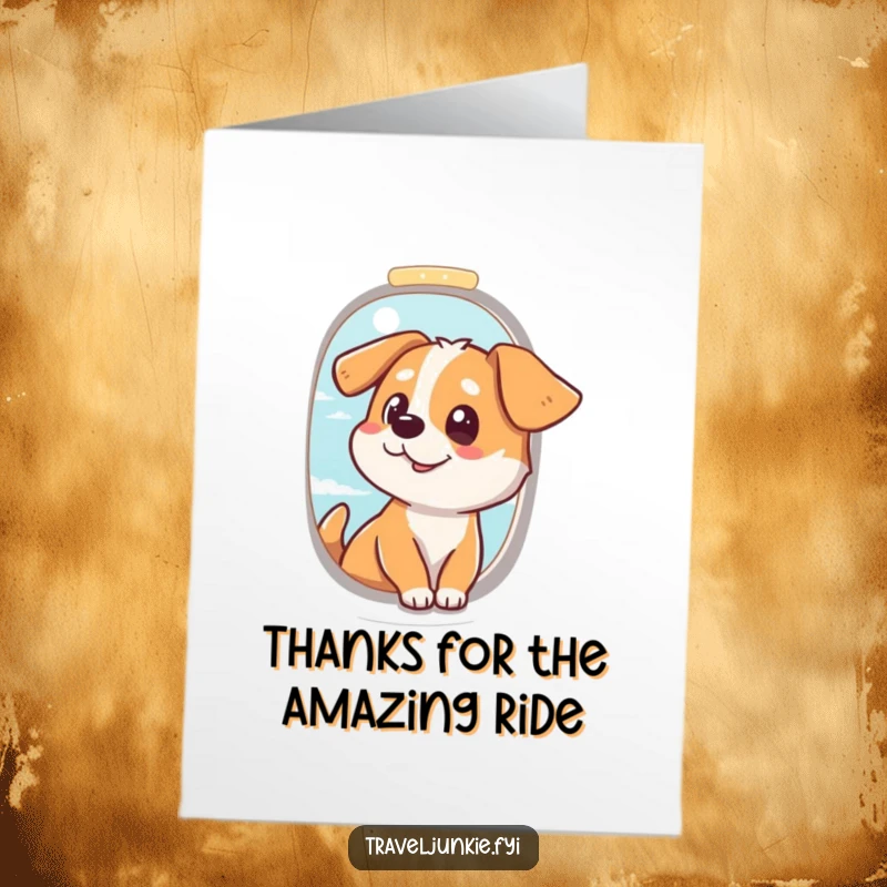 Funny Free Printable Thank You Card: A happy dog looks out an airplane window, conveying deep gratitude for a wonderful journey.
