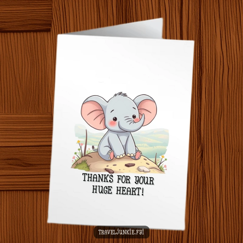 Free Printable Elephant Thank You Card: Content elephant enjoys a scenic hilltop view, expressing thanks.