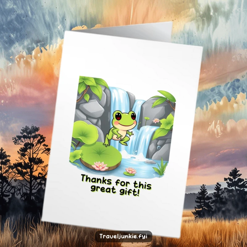 Funny Free Printable Frog Thank You Card: Lively frog hops onto a lily pad near a waterfall, expressing thanks.