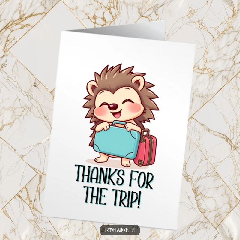 Funny Free Printable Thank You Card: Cheerful hedgehog joyfully posing with a tiny suitcase, expressing thankful travel wishes.