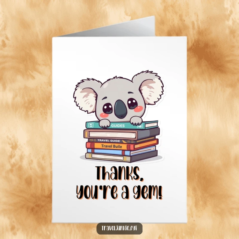 Funny Free Printable Koala Thank You Card: Curious koala peeking from travel guides, expressing thanks with big eyes.