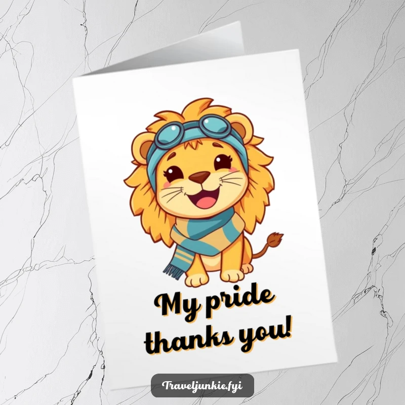 Funny Free Printable Thank You Card featuring a happy lion with a travel scarf, smiling widely to express genuine gratitude.