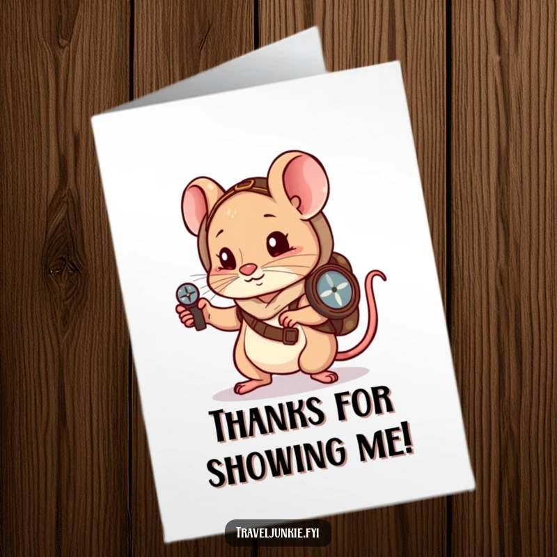 Funny free printable thank you card with a little mouse wanderer navigating with a compass, expressing thanks.