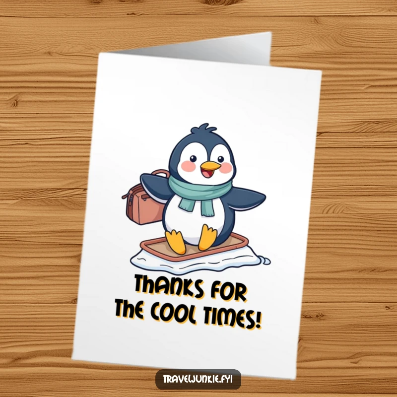Funny Free Printable Penguin Thank You Card: Penguin with travel bag slides on ice, expressing thanks humorously.