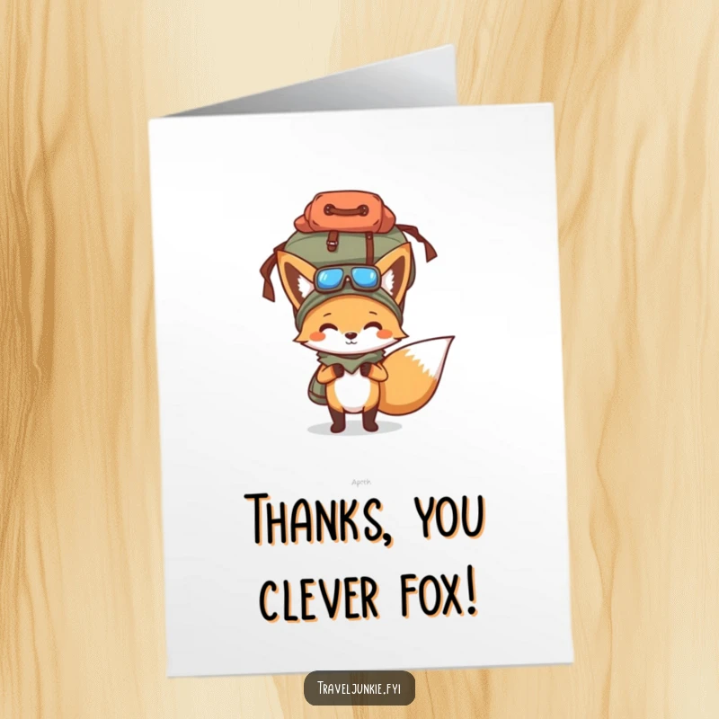 Funny Free Printable Thank You Card: Determined fox balancing a comically overflowing travel bag on its head, a symbol of big efforts.