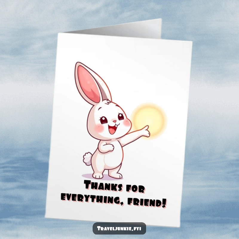 Funny Free Printable Thank You Card of a smiling bunny character excitedly pointing towards a bright, shimmering horizon.