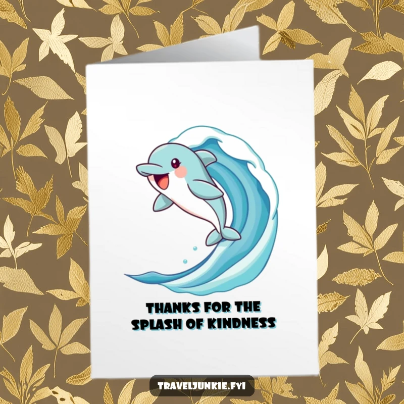 Funny Free Printable Thank You Card: Dolphin leaping joyfully from a stylized ocean wave.