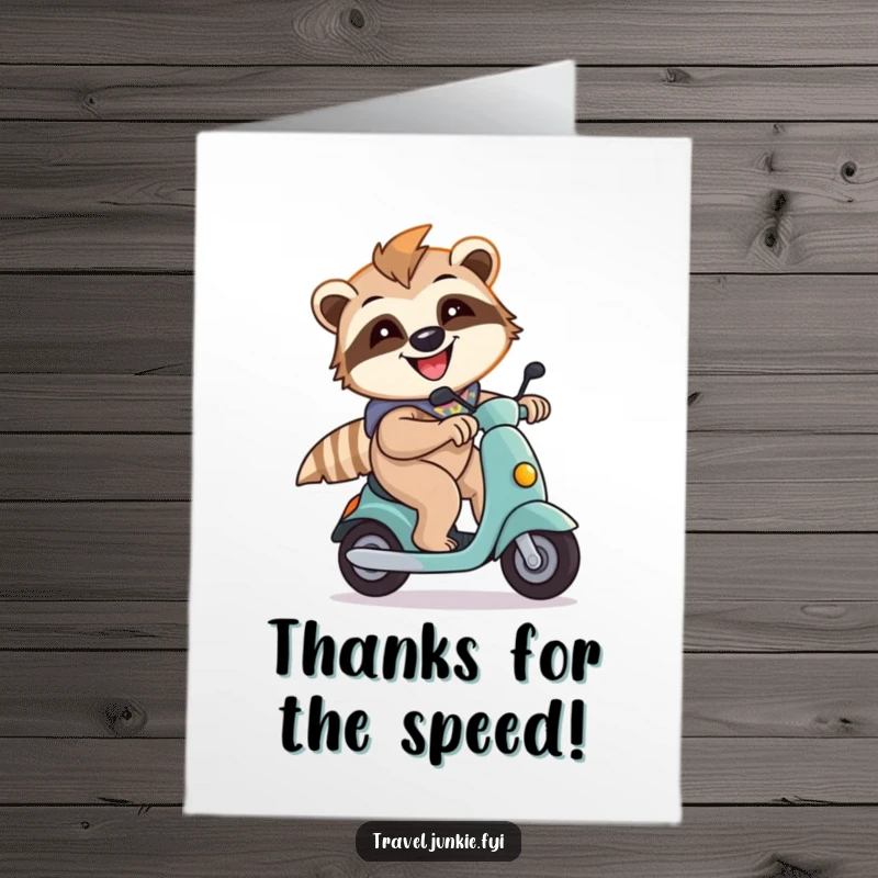 Funny Free Printable Thank You Card: A smiling sloth speeds past on a scooter, delivering thanks with unexpected energy. A humorous downloadable greeting.