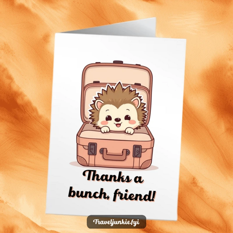 Funny Free Printable Thank You Card of a cheerful hedgehog curiously looking into a packed suitcase.