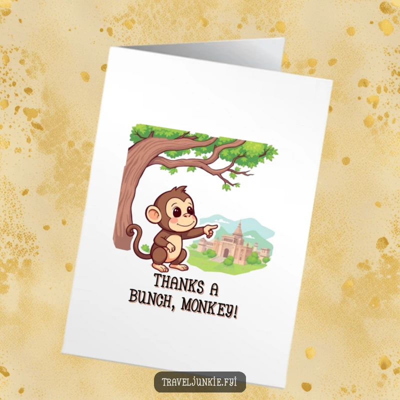 Funny Free Printable Thank You Card: Curious monkey pointing towards something wonderful, expressing thanks.