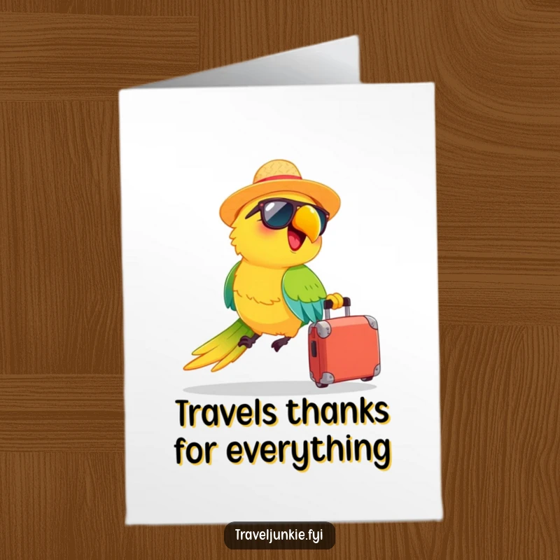 Funny free printable thank you card: a happy parrot wearing a hat and sunglasses zooms with a suitcase, ready for a trip.