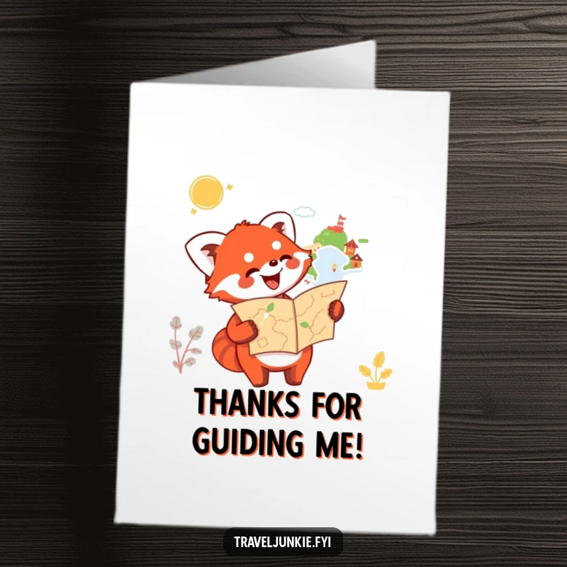 Funny free printable thank you card: A happy red panda holds a map and points enthusiastically, conveying thanks.