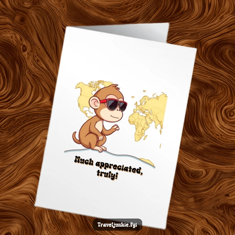 Funny Free Printable thank you card of a curious monkey wearing sunglasses looking at a world map, showing appreciation.