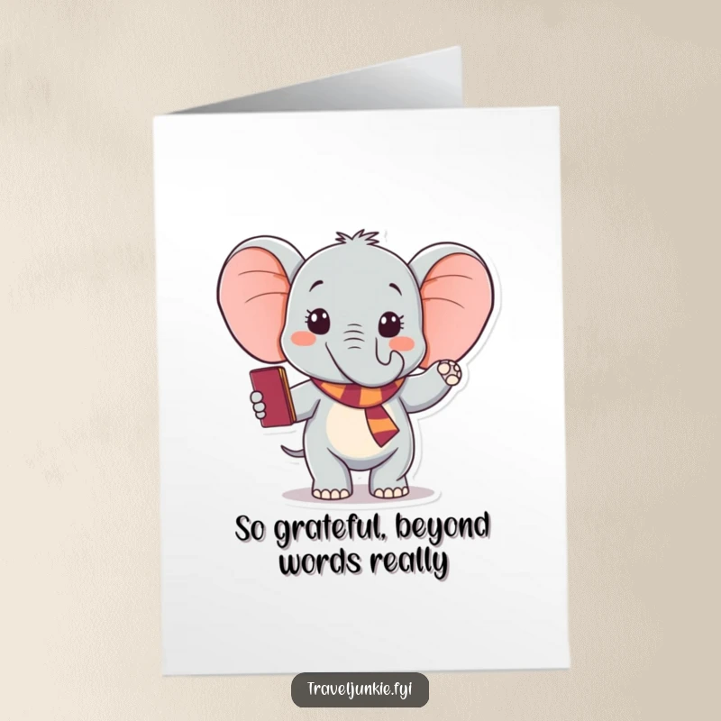 Funny Free Printable Thank You Card: Excited elephant holding passport, waving goodbye, expressing heartfelt thanks.