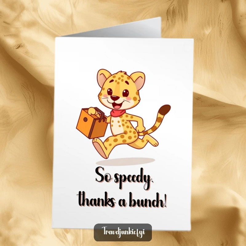 Funny Free Printable Thank You Card: Happy cheetah sprinting with a travel bag, conveying quick thanks.