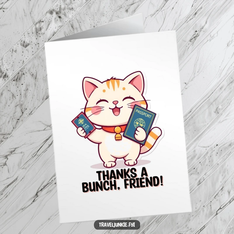 Funny Free Printable thank you card of a playful cat holding a passport and ticket, ready to board, showing thanks.