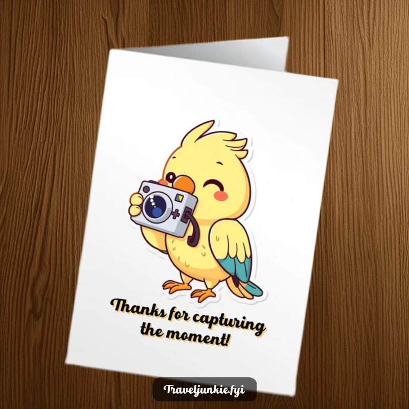 Funny Free Printable Thank You Card showing a cheerful parrot character with a camera, taking a photo to express thanks.