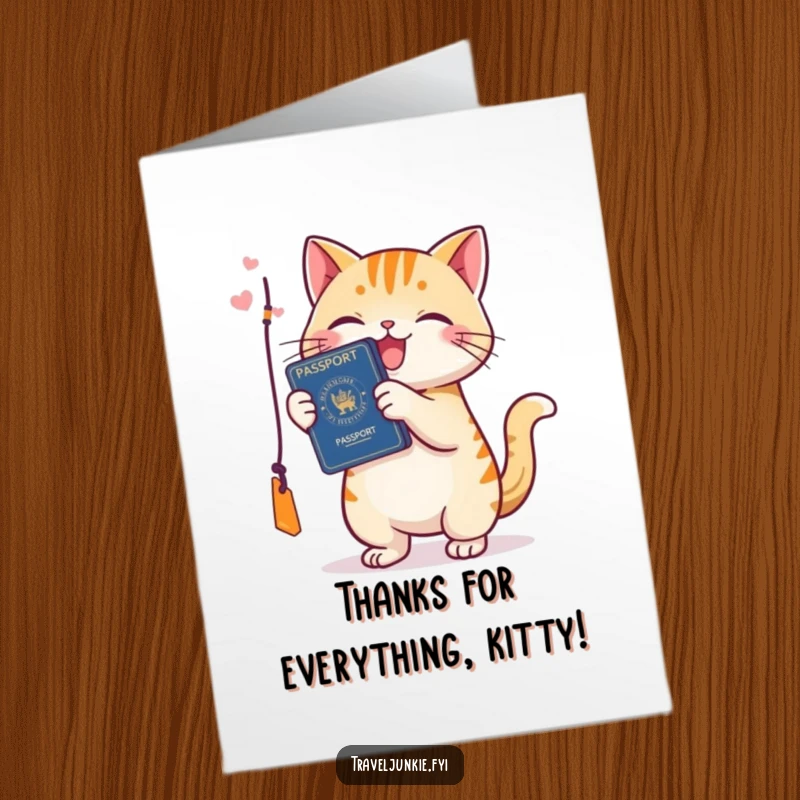 Funny Free Printable Thank You Card: Cat holding a passport playfully batting a dangling tag, a humorous thank you.