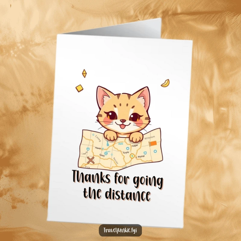 Funny Free Printable Thank You Card: Cat peeking curiously from a corner of a travel map.