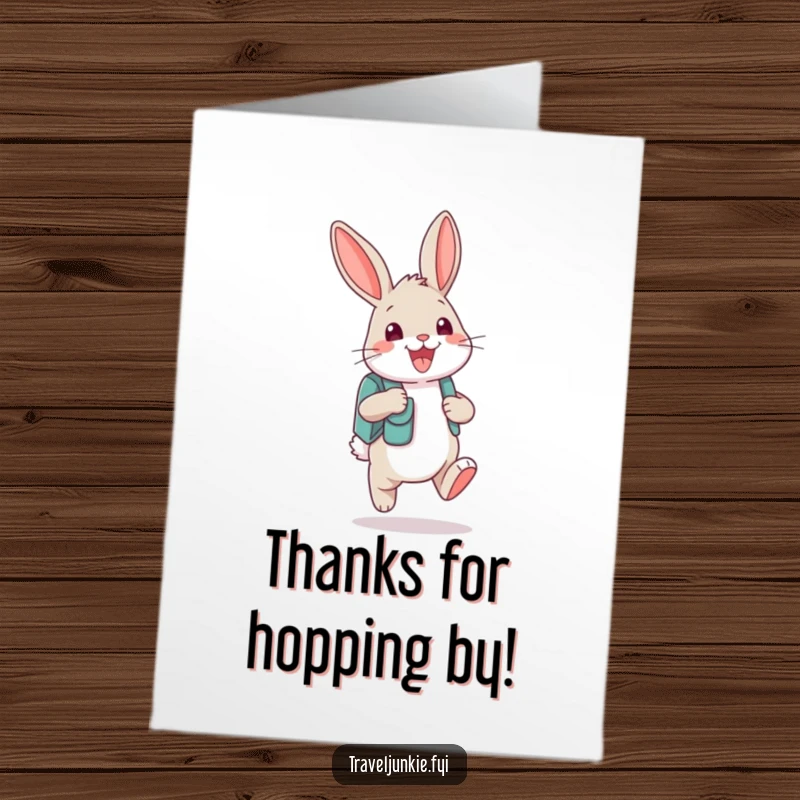 Funny Free Printable Thank You Card: Happy bunny wearing a tiny backpack and grinning, bouncing with gratitude.