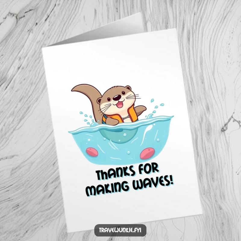 Funny Free Printable Thank You Card: Adventurous otter in life vest diving into a tiny ocean, expressing thanks humorously.
