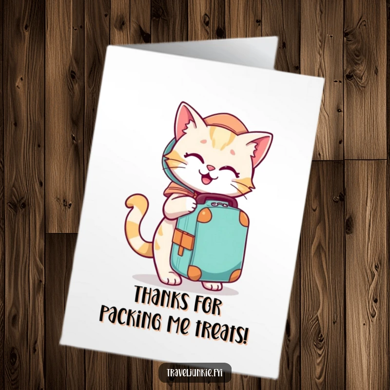 Funny Free Printable Thank You Card: Playful cartoon cat eagerly packing a travel bag, expressing thanks for an adventure.