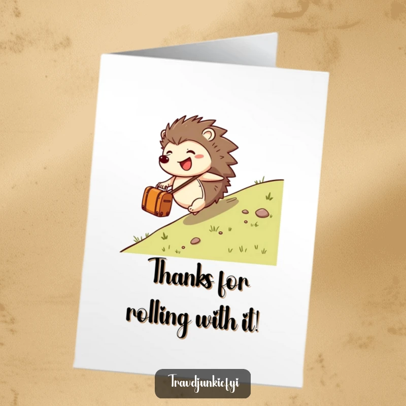 Free Printable Thank You Card: A joyful hedgehog happily rolls down a hill with a small suitcase, symbolizing gratitude for a journey. A unique download.