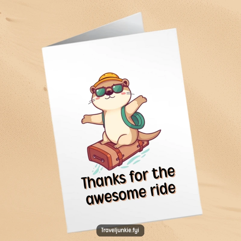 Funny Free Printable Thank You Card: Playful otter adventurer surfing on a suitcase. A fun and downloadable thank you.