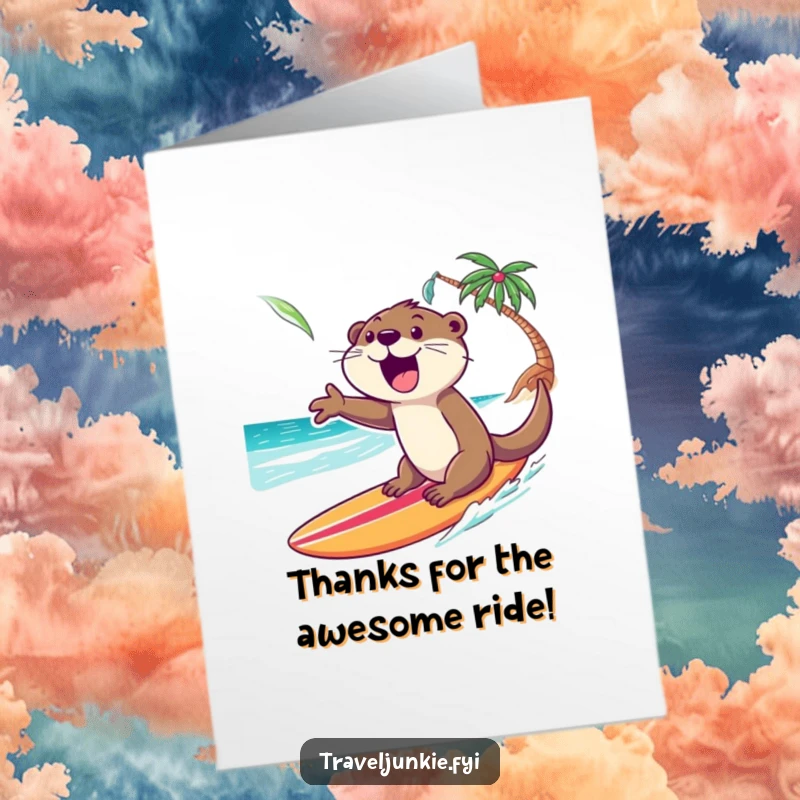 Funny free printable thank you card: An excited otter rides a surfboard towards a sandy tropical shore, conveying thanks.
