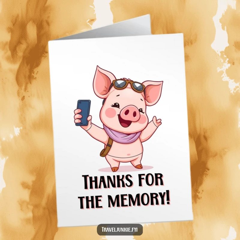 Funny free printable thank you card featuring a giggling piglet tourist excitedly taking a selfie.