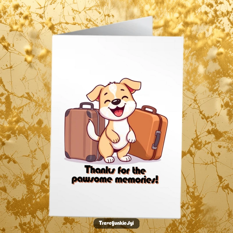 Funny Free Printable Thank You Card: A dog excitedly wags its tail near a suitcase, expressing thanks for a great journey or favor.