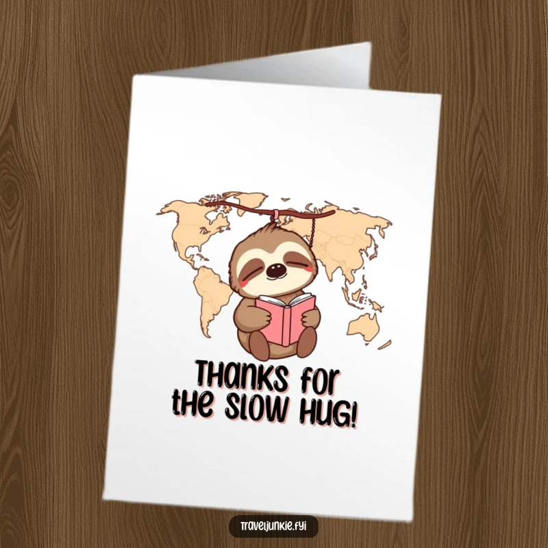 Funny Free Printable Thank You Card: Sleepy sloth dangling from a world map, holding a journal, expressing slow thanks.