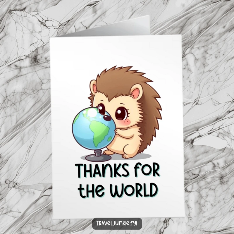 Funny Free Printable Thank You Card: Curious hedgehog examining a globe, looking thankful for the knowledge gained.