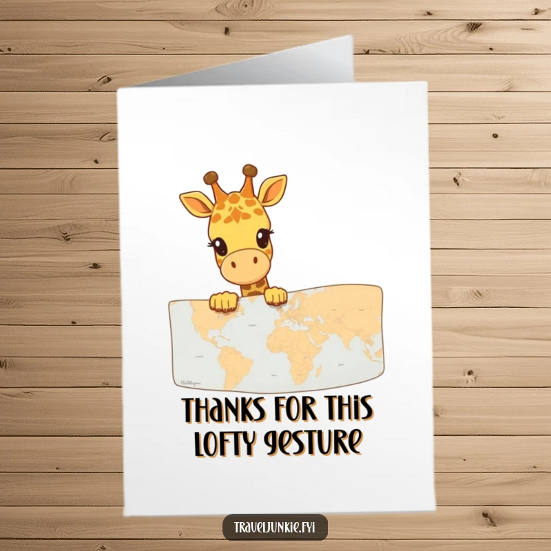 Funny Free Printable Giraffe Thank You Card, a happy giraffe peeks over a map, sending thanks with a unique perspective, downloadable.